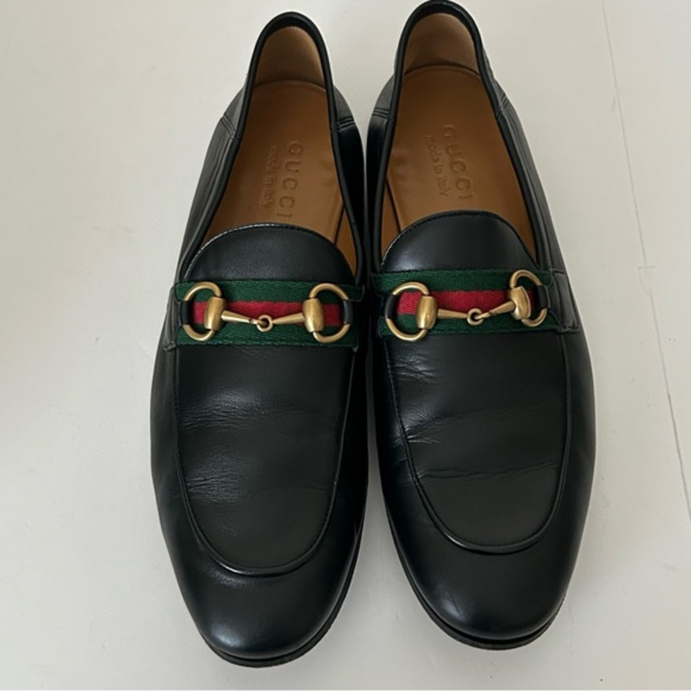 Gucci Black Leather Jordaan Web Trimmed Horsebit  Collapsible Heel Loafer IT 6.5 - Picture 3 of 10